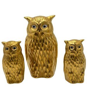 Gold Ceramic Owl Figurines With Textured Design Set Of 3 Vintage